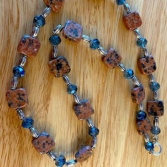 Unakite Jasper & Blue Crystal Necklace 26” Gorgeous - Picture 1 of 8